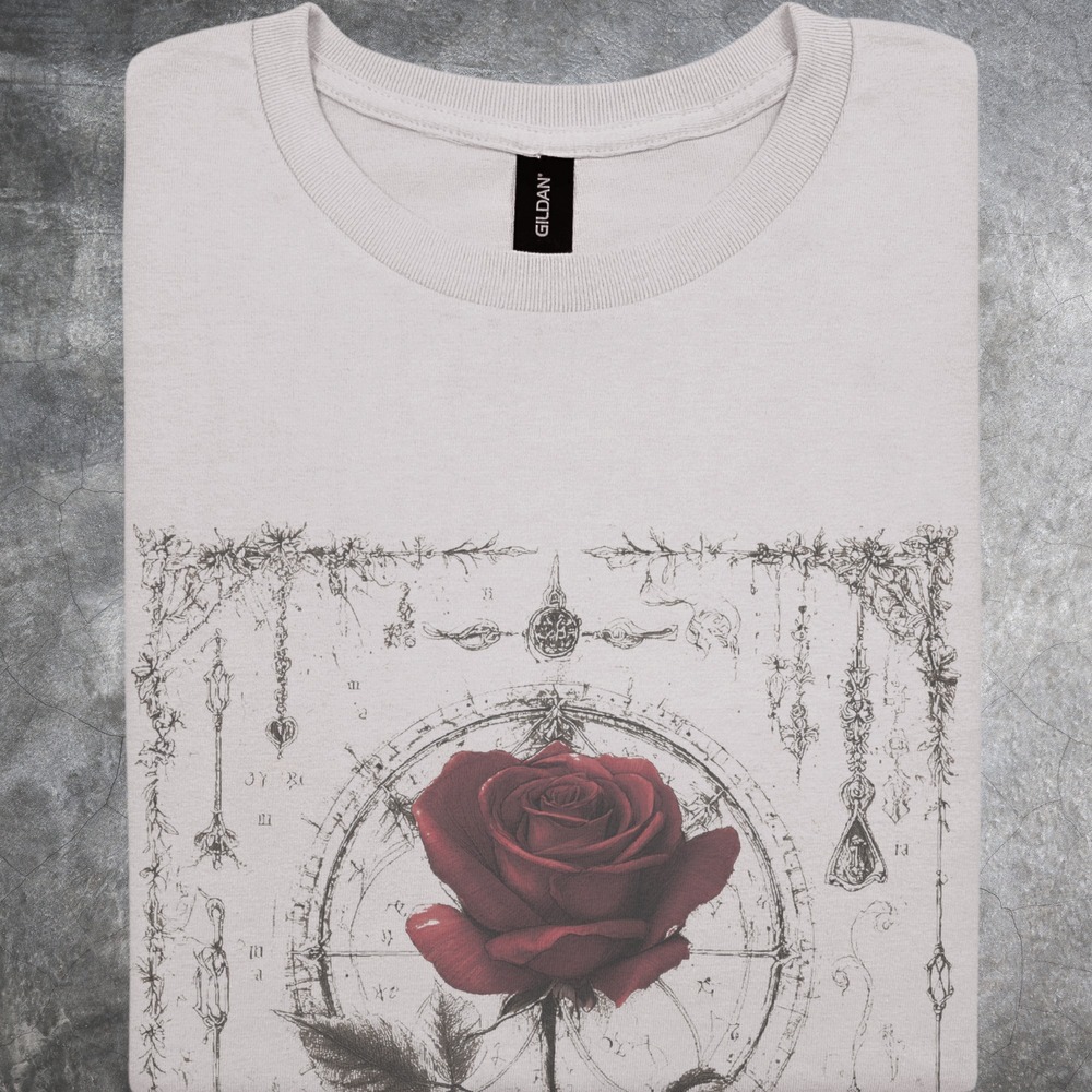 Gothic Rose Graphic Tee Dark Botanical Engraving Style